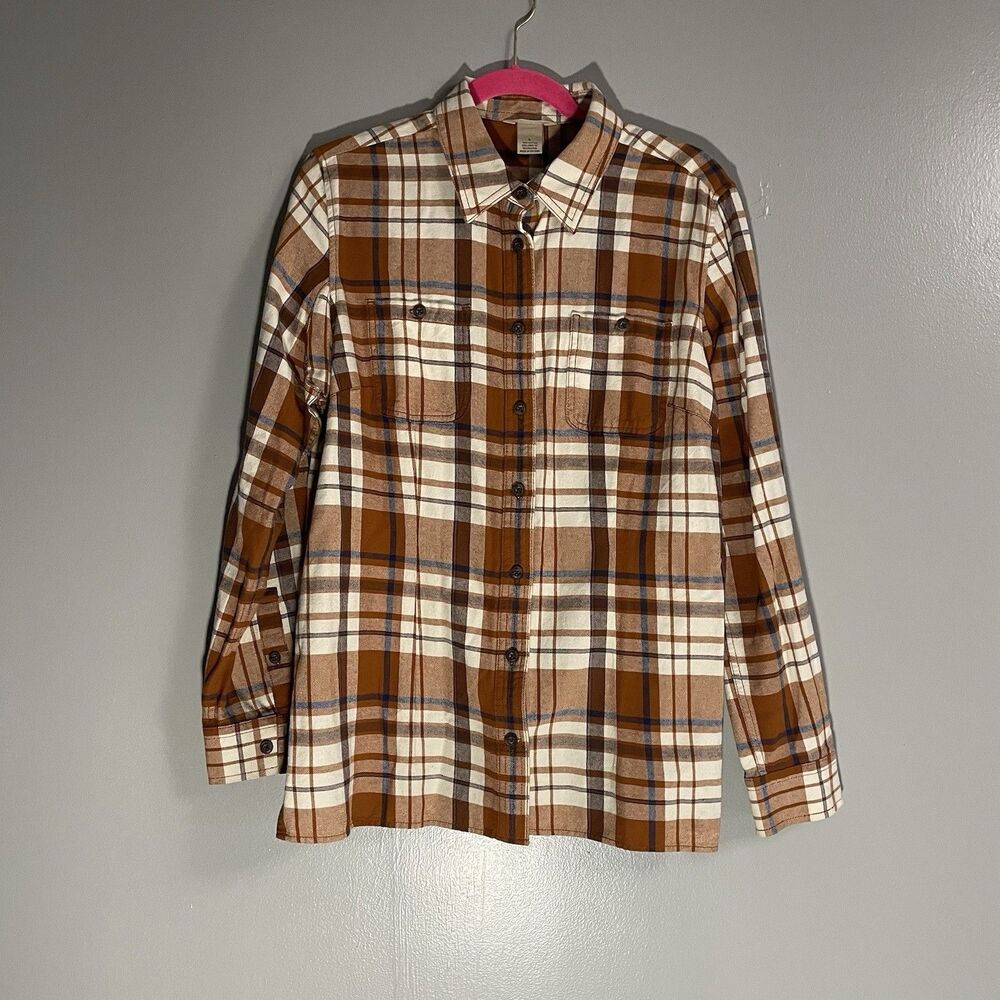 Duluth Trading Co Shirt Mens Large Orange Blue Plaid Flannel Long Sleeve Cotton